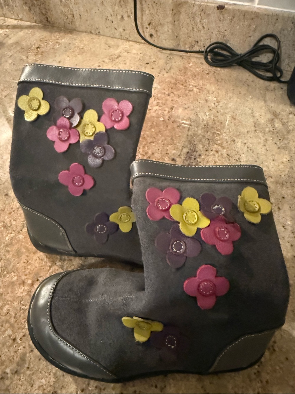 Girls Gray Suede Flower Appliqué Boots - Pink, Yellow, Purple Accents